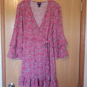 Pink Floral Print Ruffle Hem Wrap Dress Medium